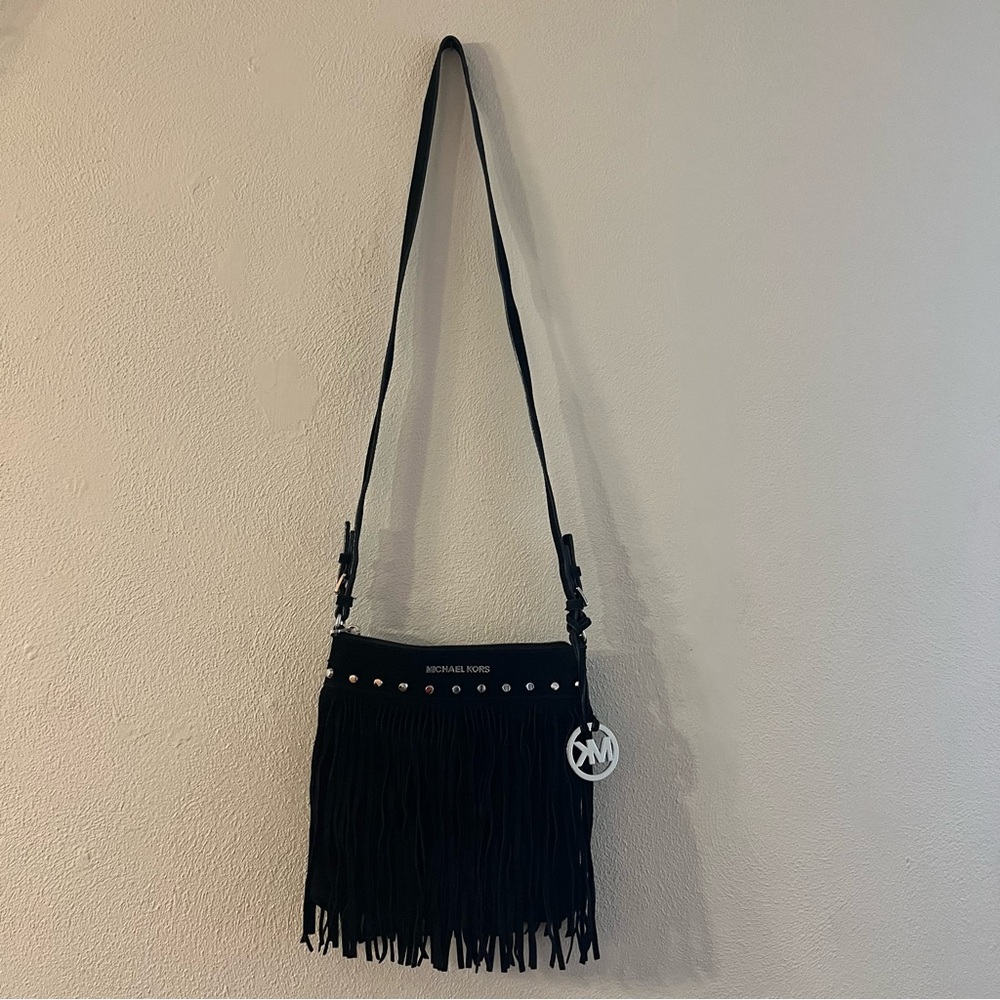Michael Kors Black Fringe Suede Crossbody Bag with Silver Accents - Picture 3 of 9
